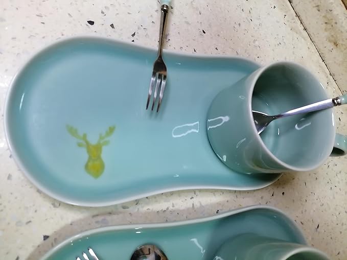 Longquan UNESCO Heritage Celadon Coffee Set Double-Glazed – Handcrafted Song Dynasty, Sky Blue & Plum Green Glaze, 310ml 4-Piece Set with Spoon & Fork, Gift Box (1, BLUE)