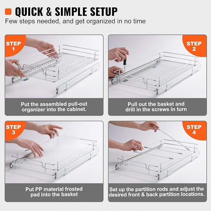 VEVOR 12.5"Wx16.5"Dx3.5"H Pull Out Cabinet Organizer, Heavy Duty Slide Out Pantry Shelves, Chrome-Plated Steel Roll Out Drawers Storage, for Home, Under Sink, 14"Wx17.5"Dx7"H Install Size for Cabinet