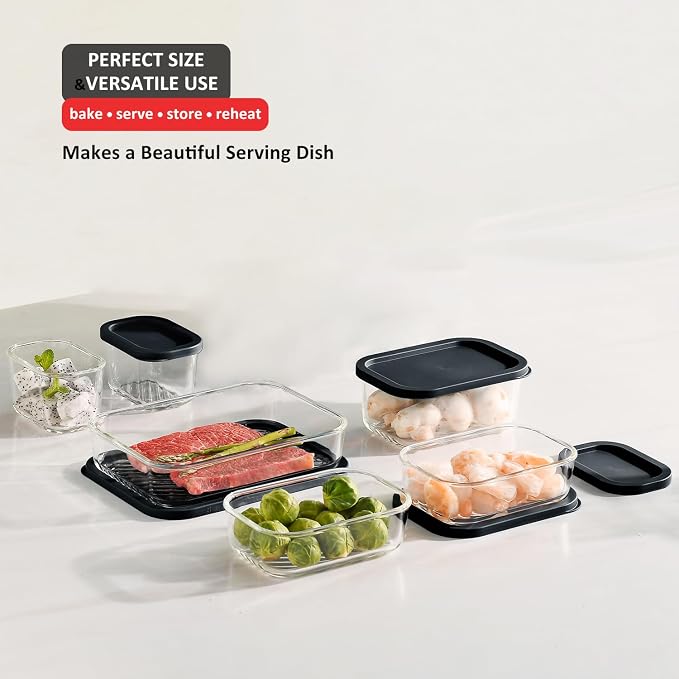 EATEX Grooved Base Glass Meal Prep Containers, 12 Pack Glass Food Storage Containers with Lids for Meal Prep & Lunch, Microwave Oven Freezer Dishwasher Safe, Anti Moisture Non-Stick Design - Black