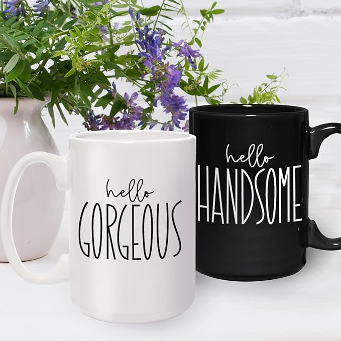 Hello Handsome Hello Gorgeous Mugs / 2 Jumbo 15 Ounce Black And White Matching Husband Wife Ceramic Mugs / Newlywed Couples Wedding Coffee Cup Present Set / Relationship Anniversary Cup Pair