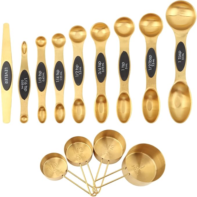13pcs Gold Stainless Steel Measuring Cups and Spoons Set, 8 Double-Sided Magnetic Measuring Spoons & 4 Metal Measure Cups & 1 Leveler for Liquid Dry Ingredients Cooking Baking(COLOR:Gold)