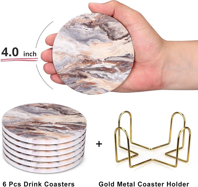 Marble Coasters Set of 6 with Holder for Living Room Coffee Table Decor Ceramic Absorbent Drinks Coasters for Office Desk, Modern Farmhouse, Beer, Bar, Wine