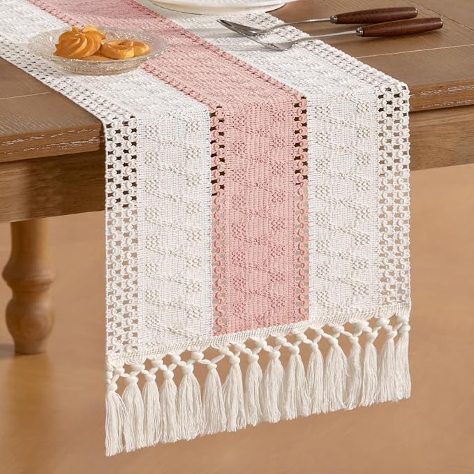 Socomi Boho Table Runner Summer Farmhouse Rustic Dining Kitchen Centerpiece Decor Small Macrame Woven Cotton Linen Coffee Table Runner for Dresser Scarf Home Decor 12x48 inPink Ivory