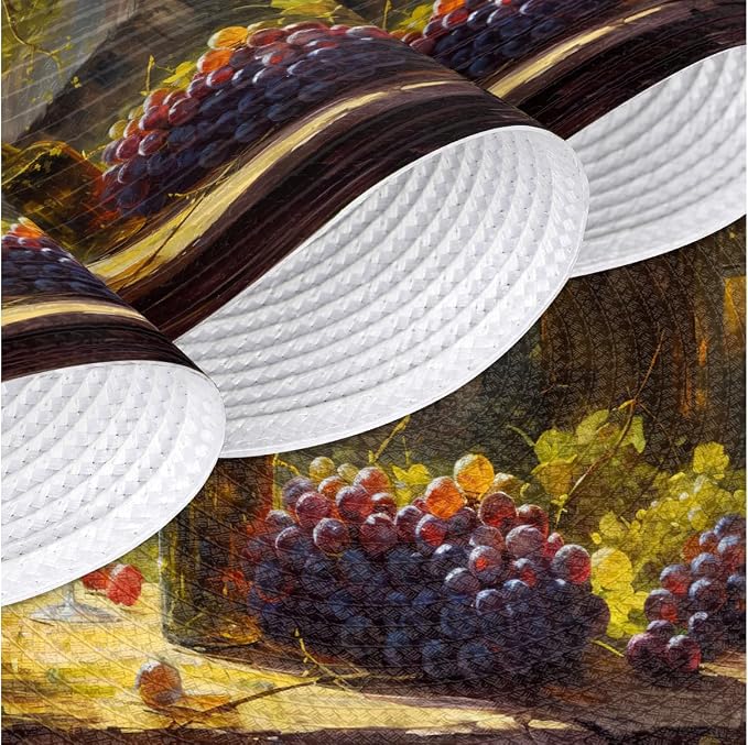 Round Placemats Set of 4, Sunny Red Wine Grapes Painting Woven Placemats Mats Non-Slip Heat Resistant Washable Table Mats Round Braided Place for Farmhouse Kitchen Dining Party Decor 15in