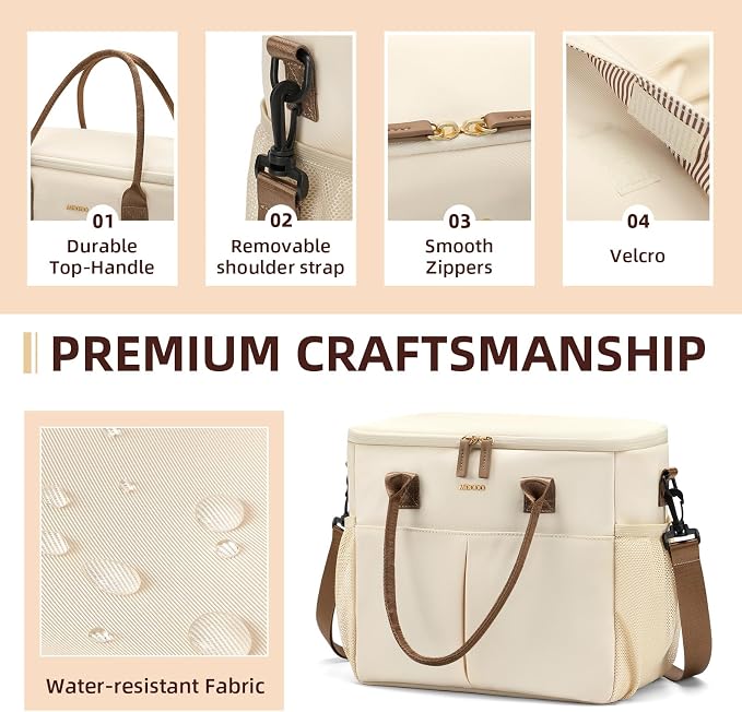 MDODO Large Insulated Lunch Bags for Women Men Adult Lunch Box with Shoulder Strap for Work,Picnics,Outings (Beige)