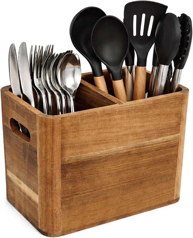 Utensil Holder, Kitchen Utensil Holder, Acacia Wooden Utensil Holder, Kitchen Utensil Holder for Countertop, Medium Utensil Holder for Storage Cooking Tools and Silverware with 2 Compartments