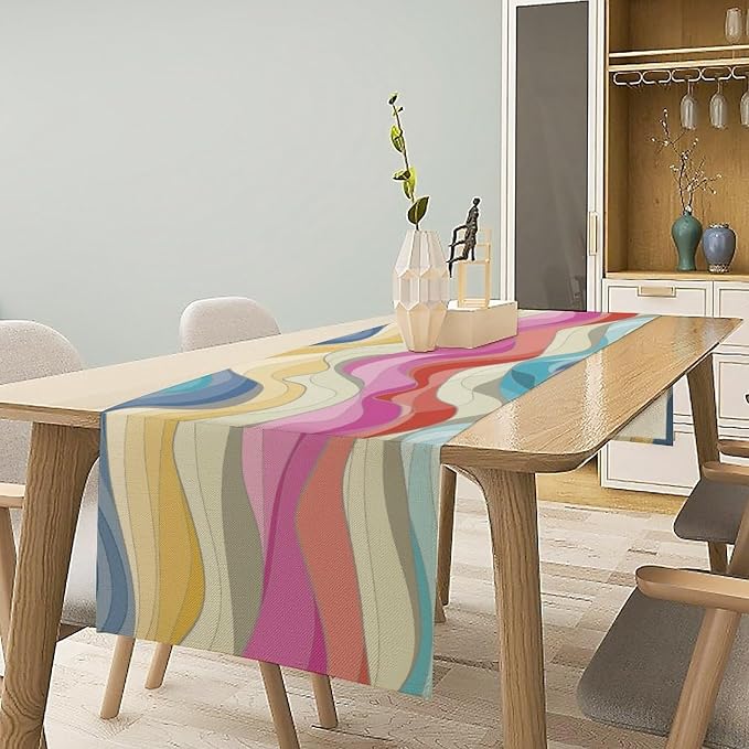 Retro Wavy Table Runner Abstract Colorful Rainbow Waves Swirl Cute Boho Groovy Aesthetic Dinner Runner for Farmhouse Country Home Kitchen Dining Table Holiday Party Decor 13x108in