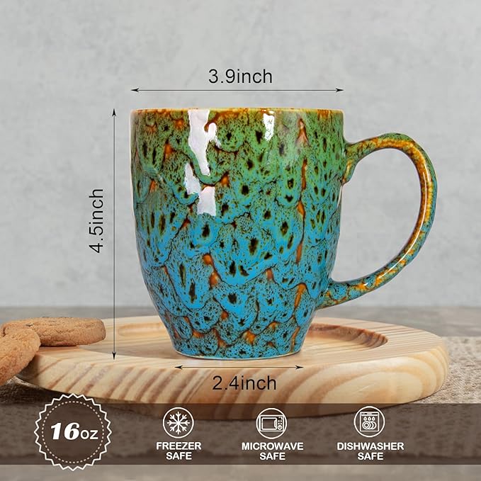 Durable 16 oz Ceramic Coffee Mug, Large Coffee Cup with Ergonomic Handle, Ideal Tea Mug for Home, Office, Gift, Dishwasher & Microwave Safe, Green & Blue (coffee, Tea, Hot Cocoa, Latte Cup)