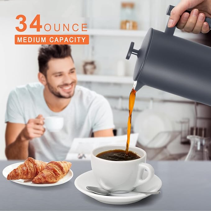 Secura French Press Coffee Maker, 304 Grade Stainless Steel Insulated Coffee Press with 2 Extra Screens, 34oz (1 Litre), Grey (Pack of 2)