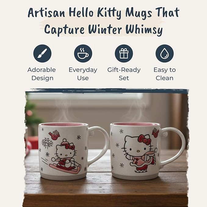 Blue Sky Clayworks Hello Kitty Holiday Winter Sports Mug Set of 2, Ceramic, 21 oz Each, Snowy Sled & Skate
