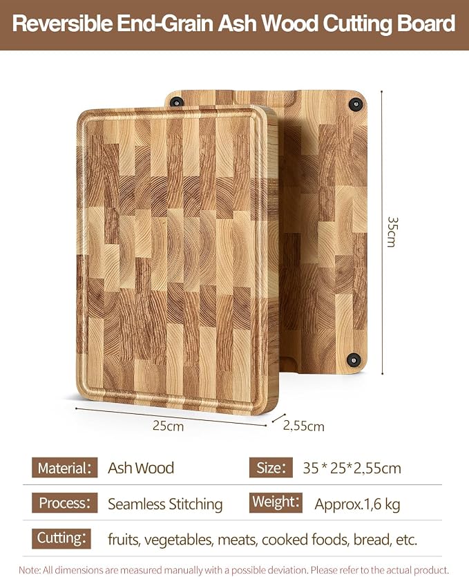XINZUO Ash Wood Cutting Board, End Grain Butcher Block for Kitchen, 13.8" x 9.8" x 1", Thick Wooden Chopping Board with Juice Groove, Non-Slip Feet & Side Handles