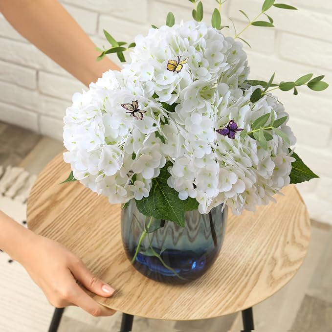 Leftover 3Pcs White Hydrangea Artificial Flowers,21" Full Large Faux Hydrangea Flowers with 3 PCS Butterflies,Latex Real Touch Flowers for Home Decor Floral Arrangements Wedding Bouquets Centerpieces