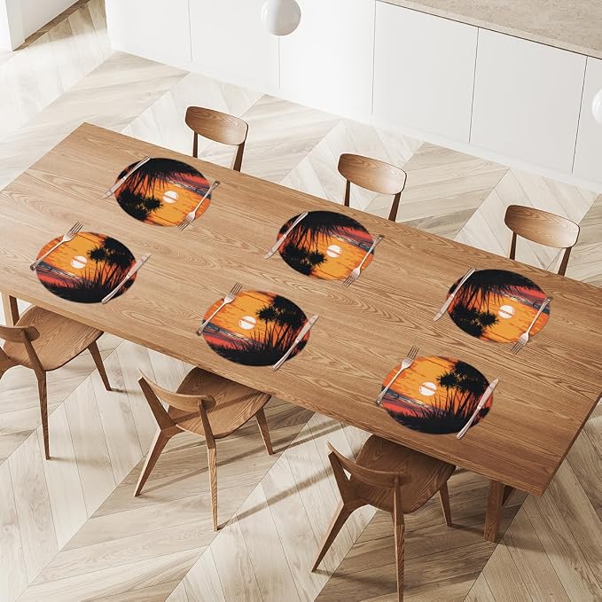 Round Placemats Set of 4, Summer Beach Sunrise Trees Woven Placemats Mats Non-Slip Heat Resistant Washable Table Mats Round Braided Place for Farmhouse Kitchen Dining Party Decor 15in