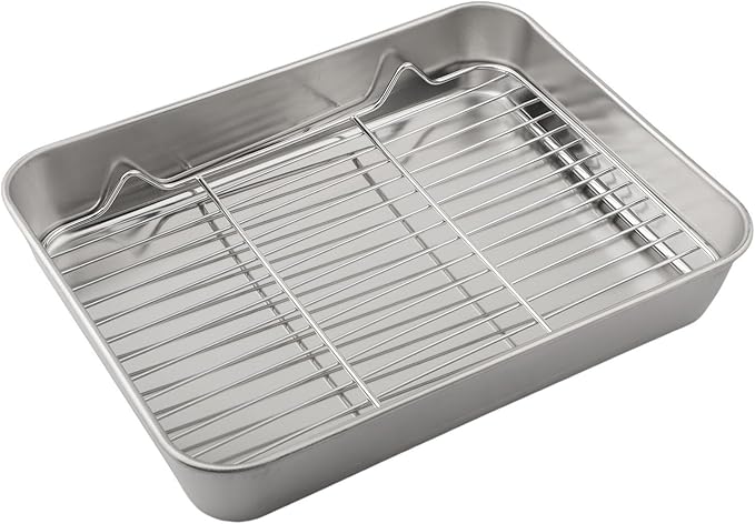 Stainless Steel Baking Pan Tray Set with Cooling Rack for Baking Roasting BBQ Cookies Vegetables Cakes Dishwasher Safe Oven Safe Rust-Resistant Mirror Finish Suitable Size for Kitchen Use(26x20x5cm)