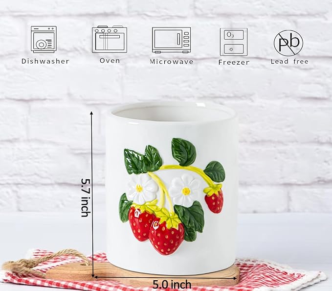 dgudgu Strawberry Kitchen Utensil Holder for Countertop Ceramic Utensil Crock for Kitchen Counter with Carved Strawberry Vine Design White Farmhouse Countertop Organizer for Spoons,Spatulas(white)