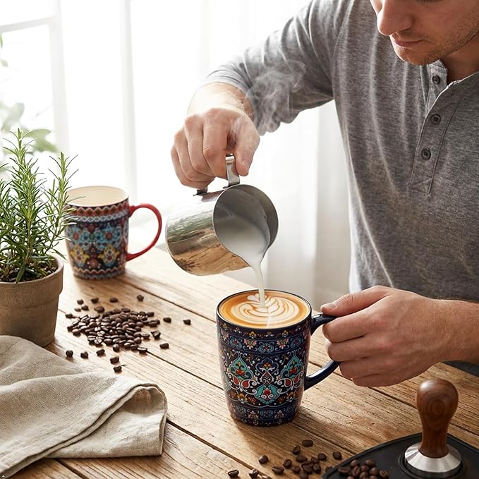 glowworm 16 oz Coffee Mugs Set of 4, Large Ceramic Coffee Cups for Women and Men, Colorful Mugs Set with Handles for Latte, Hot Cocoa, Tea, Dishwasher & Microwave Safe, Bohemian