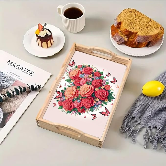 BAYUNOE DIY Diamond Serving Tray Rectangular Wooden Breakfast Tray with Handle Handmade Diamond Art Painting Spring Creative Dinner Plate Coffee Room Living Home Organizer-Rose Heart