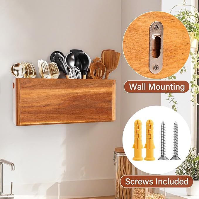 Extra Large Utensil Holder for Kitchen Counter, Acacia Wooden Utensil Holder with 4 Compartment, Kitchen Counter Organizer for Storage Spatula and Silverware, Ideal Christmas Gift for Farmhouse Decor