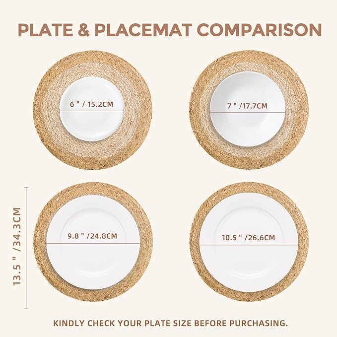 13.5 in Round Woven Place Mats Set of 10, Boho Placemats Rattan Chargers for Dinner Plates, Farmhouse Rustic Placemats Wicker Table Mats Braided Chargers, Natural Beige & Light Brown