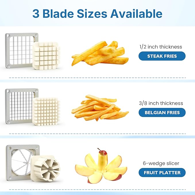 Commercial French Fry Cutter with 1/2 Inch & 3/8 Inch Blade and 6-wedge Slicer, Heavy Duty Potato Slicer, Stainless Steel Potatoes Cutter for Potatoes, Carrots, Cucumber, Onion, Yam