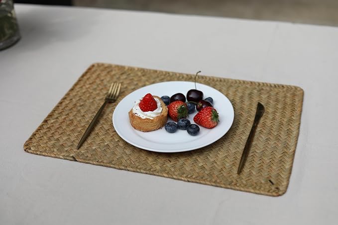 Natural Woven Rattan Rectangular Placemats Seagrass Place Mats for Dining Table (Set of 6, 18x12inches)