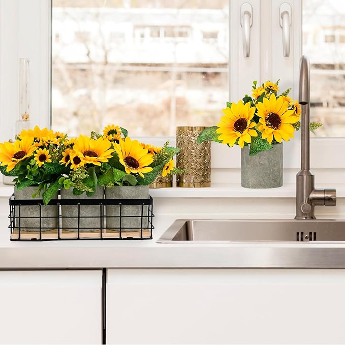 3 Potted Artificial Plants Flowers for Home Decor Indoor, Centerpiece Table Decorations for Dining Room and Coffee Table, Yellow