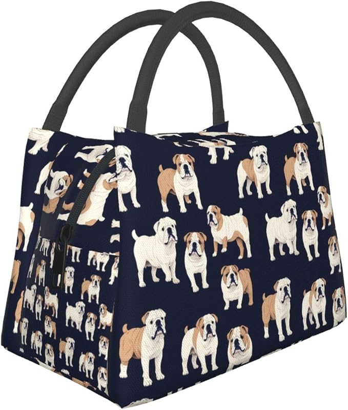 English Bulldog Insulated Lunch Box for Kids Adults Pet Lovers,Reusable Tote Bag with Cute Dog and Dark Blue,Portable Lunchbox Handbag,Makeup Bags Organizer Gifts for Work Office,11x6.3x6.7in