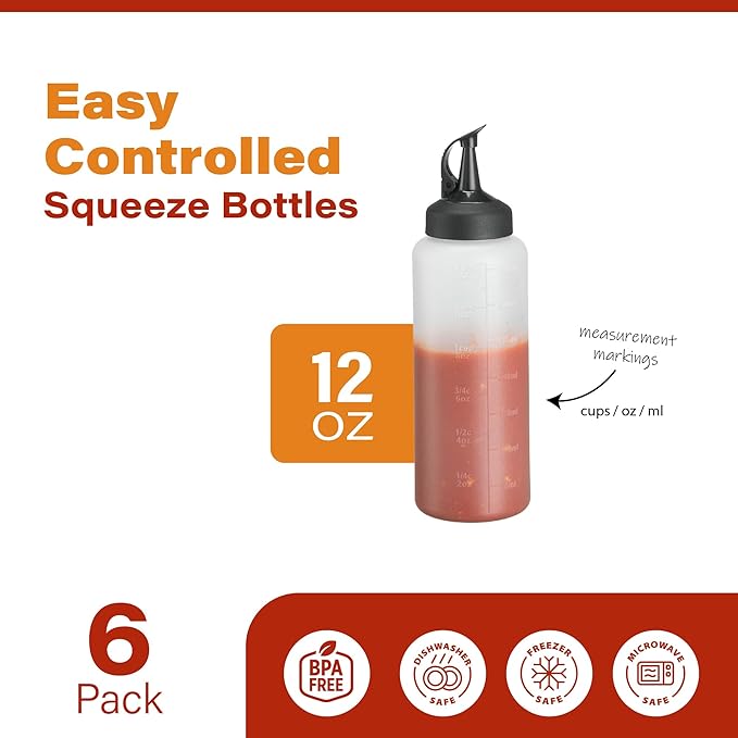 6 Pack Squeeze Bottles for Sauces & Liquids - 12 Oz Easy Pour, Leak Proof Snap Cap Condiment Bottles