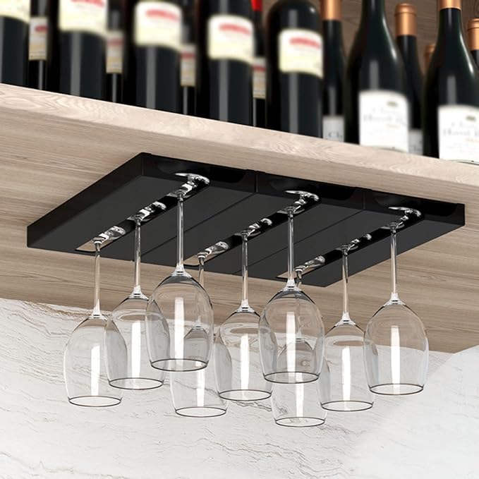 MBROS Set of 2 Punch-Free Wine Glass Rack, Under Cabinet Stemware Rack, Self Adhesive Hanging Wine Glasses Storage Hanger Organizer, for Cabinet Kitchen Bar Restaurant Black, White
