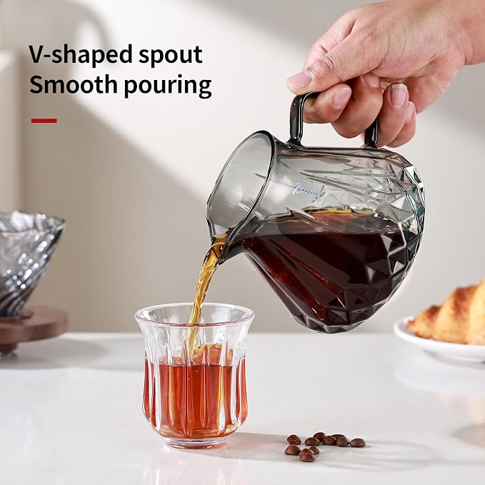 Bincoo Pour Over Coffee Maker&Dripper, Style Cone Filter + 600ml Glass Coffee Server, Manual Coffee Brewer Set, Reusable Coffee Filter Holder, Great Gift for Coffee Enthusiasts（Grey