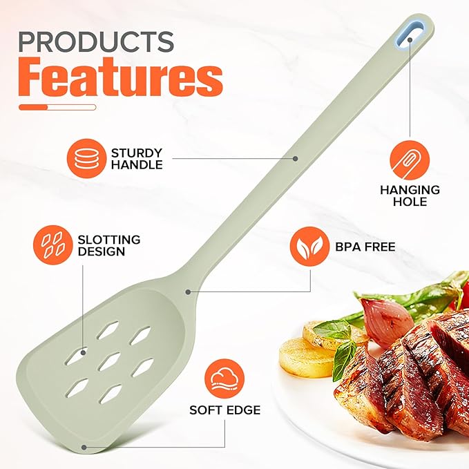Large Silicone Utensils Set of 7 for Cooking,No Scratch for Nonstick Cookware,Pasta Server,Spaghetti Spoon,Slotted Spoon&Spatula,Solid Spoon&Spatula,Skimmer,Soup Ladle BPA Free Heat Resistant (Green)