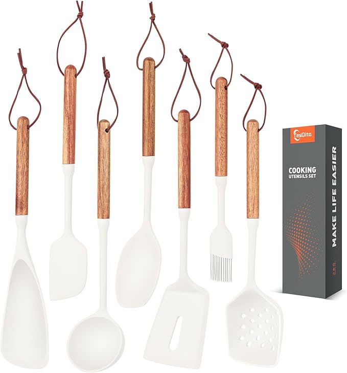 Silicone Utensils Set of 7 with Wooden Handle for Cooking&Baking,No Scratch for Nonstick Cookware,Spatula Spoon,Soup Ladle,Basting Brush,Baking Bowl Scraper,Skimmer,Slotted Spatula,BPA Free (White)