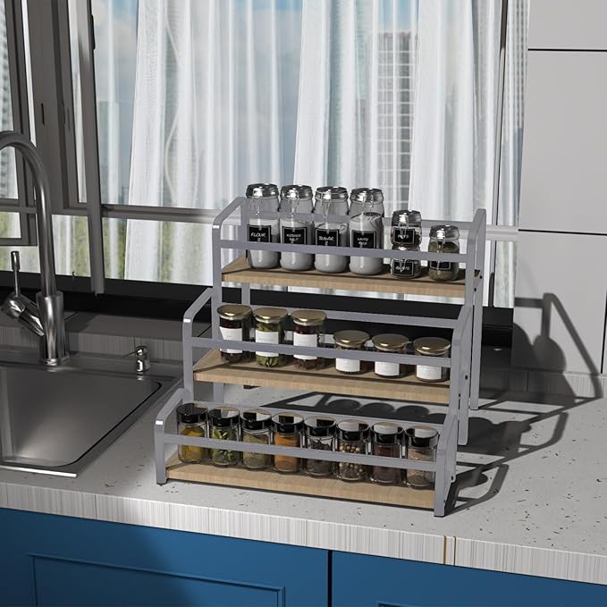 Spice Rack Organizer for Countertop , 3-Tier Spice Storage Holder with Magnetic Connetion for Kitchen , Durable Syrup Rack with Fall Protection ,Versatile Display Rack for Wine Bottles,Cosmetics.