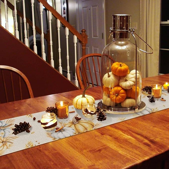 Fall Pumpkins Table Runner - 120 Inch Long, Grey Golden-yellow Pumpkin Thanksgiving Dining Table Runner Dresser Scarves, Maple Leaf Farm Harvest Decor for Coffee Table Wedding Party Banquet, 13x120 in