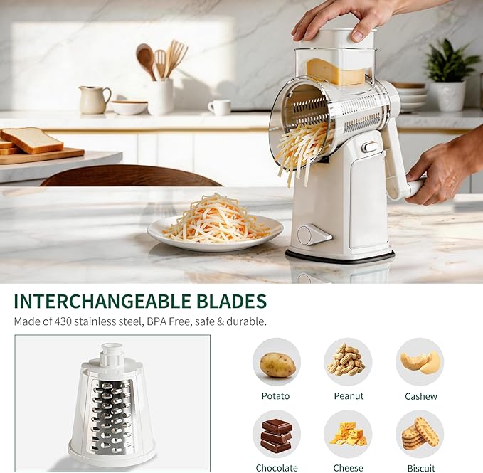 The CoveCarol rotary cheese grater comes with 5 blades and 3 tools: a round mandolin slicer and a food shredder. Suitable for fruits, vegetables, nuts, etc., it includes a blade storage box. (White)
