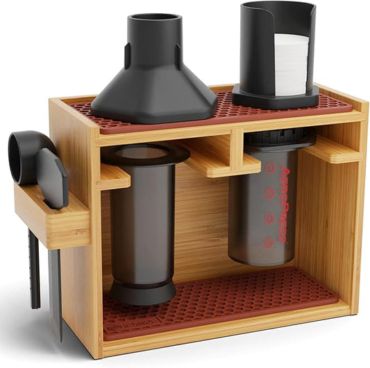 HEXNUB - AeroPress Organizer Stand, Bamboo Coffee Caddy Station for AeroPress Coffee Maker Accessories, Filter Holder, Mug Storage Rack, Silicone Drip Mats - Brown Mats