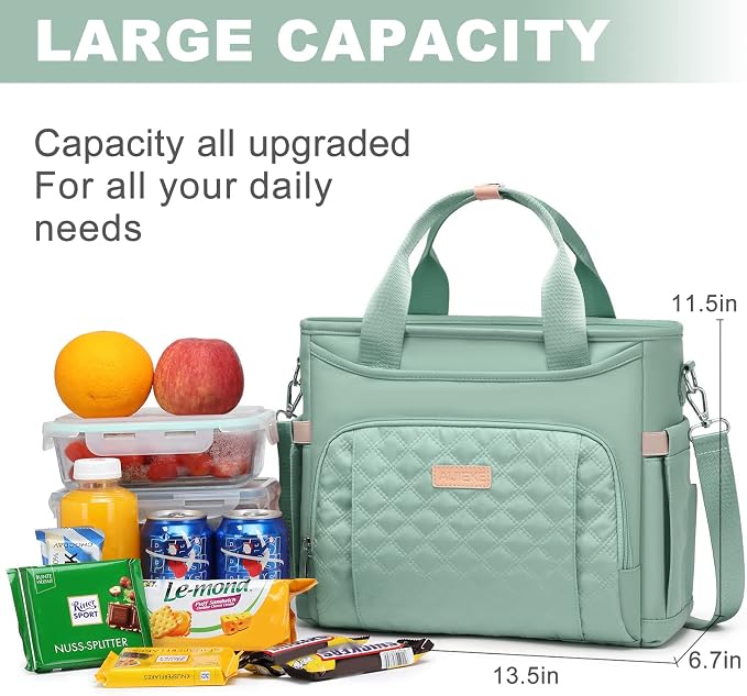 AIJIEKE Large Insulated Lunch Bag for Women Men, Work Lunch Box Tote, Green | Leakproof, durable multi-compartment cooler. Reusable with shoulder strap. Perfect for travel meal prep, picnic, beach