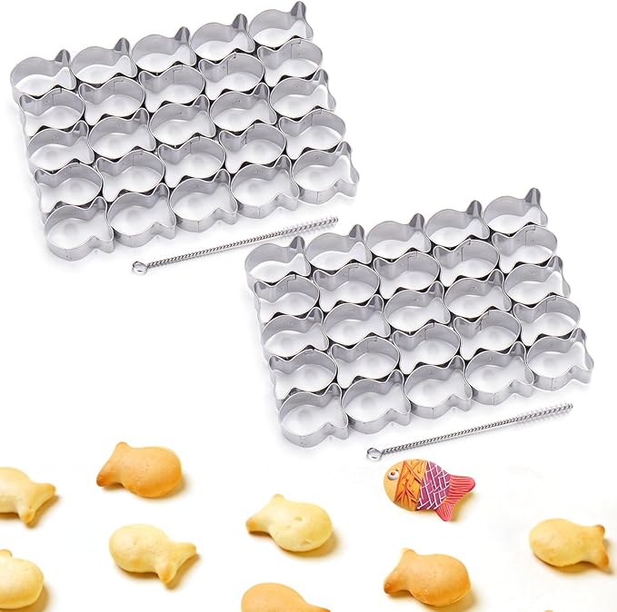 AIERSA 2Pcs Gold Fish Cracker Cutter,25 Cavity Fish Cookie Cutter,Mini Gold Fish Shapes Molds for Cookie,Non-stick Dough, Stainless Steels Cookie Cutters Mold for Baking