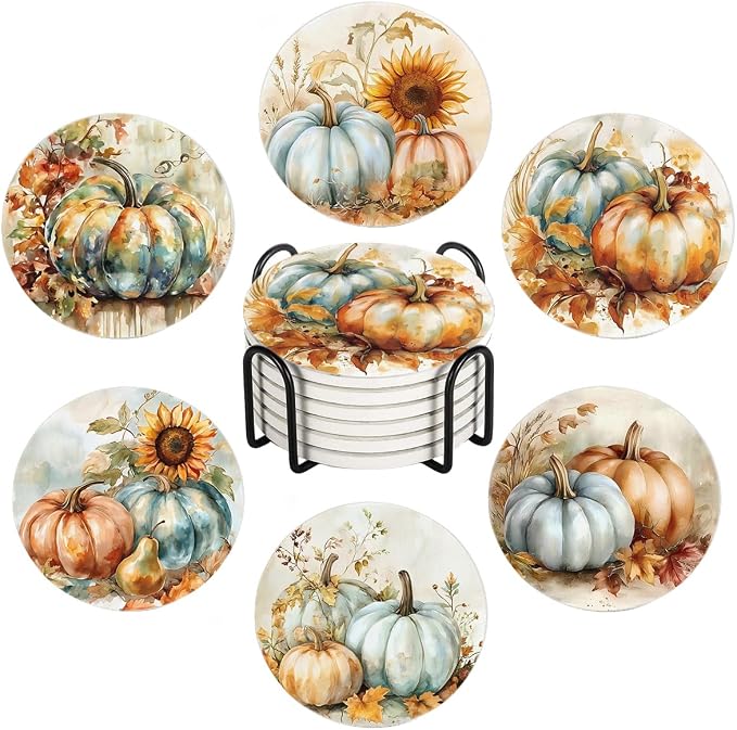 Drink Coasters for Drinks Set of 6, Vintage Autumn Watercolor Pumpkins Absorbent Round Ceramic Stone Mat, with Cork Base and Metal Holder, Home Bar Decor House Warming Gift