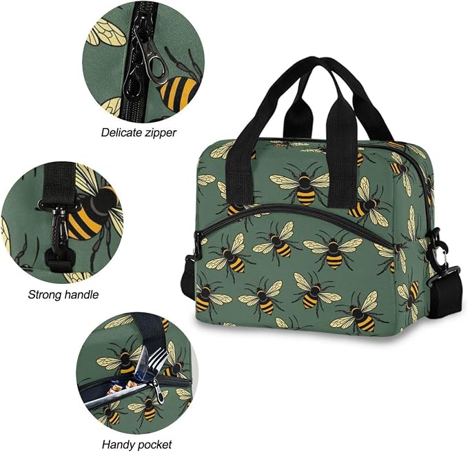Bee Green Insulated Lunch Bag Reusable Lunch Tote Bag Lunch Box for Women Men Adult Cooler Bag with Adjustable Shoulder Strap Leakproof for Work School Picnic