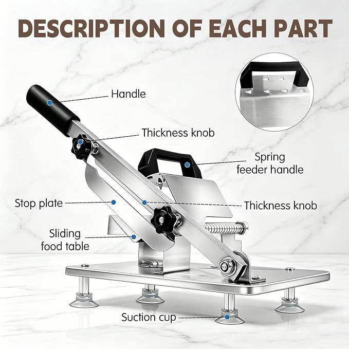 Manual Meat Slicer Frozen Meat Cutter Upgraded Stainless Steel Meat Cleavers Beef Mutton Roll Slicing Machine Vegetable Meat Slicer for Home Cooking Hotpot Shabu CNH2(Silver,16.7"x6.7")