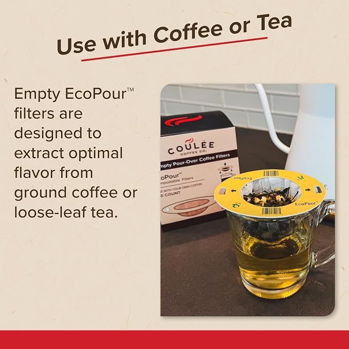 EcoPour Empty Coffee Filters, Compostable BioPlastic PLA Mesh, Single-Serve Pour Over Filters for Coffee or Tea, Portable & EcoFriendly, 50 Pack