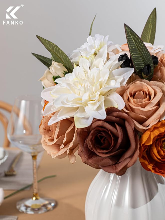 FANKO Artificial Flowers for DIY, Brown Burnt Orange White Faux Flowers Bouquet, Colorful Fake Rose Dahlia Ranunculus Silk Flowers for Vase, Home Decor, Garland, Summer Wedding, Birthday, Party
