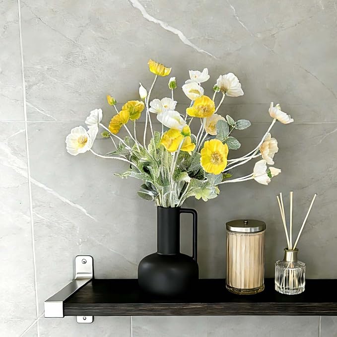 Poppy Artificial Flowers and Eucalyptus Stems, Fake White Yellow Stems for Vase, Silk Flowers Arrangement for Wedding Party Farmhouse Home Office Table Centerpieces Decorations