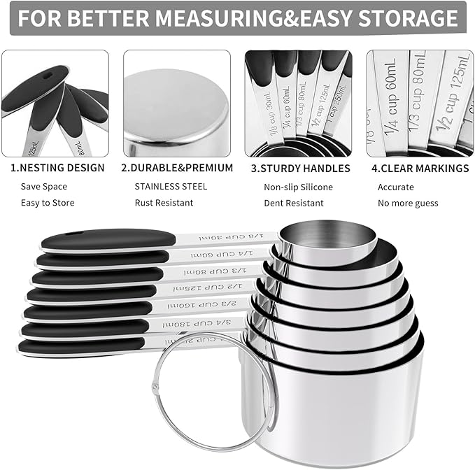 TILUCK Measuring Cups and Spoons Set, Stainless Steel, Kitchen Utensils for Cooking and Baking (12)