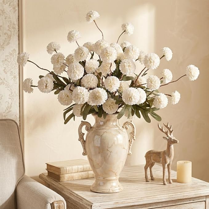 10pcs Faux White Kiku Flowers, 5 Heads Each Stem & 4 Branches Eucalyptus Stems, Artificial Small Mini Chrysanthemum Flowers for Aesthetic Room Decor, Floral Arrangements Centerpiece