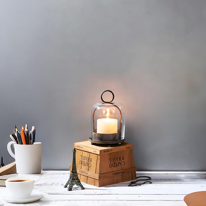5"x7.5" Versatile Modern Metal Hurricane Lantern with Handmade Sturdy Glass Dome in Rustic Brown for 3" Pillar Candle & Plants, Industrial, Farmhouse, Shabby Chic (Brown, 5"x7.5" for 3" Pillar)