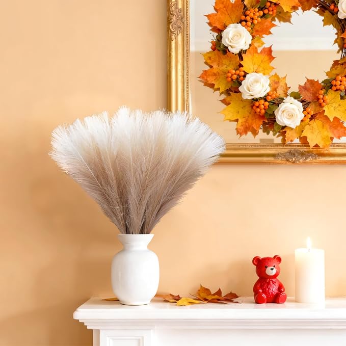 TORONTOKYO Brown Pampas Grass Decor, 50Pcs 21.6 inch Artificial Faux Brown Pompas Grass Small Short Fluffy Arrangement for Wedding Boho Home Decor Vase Filler