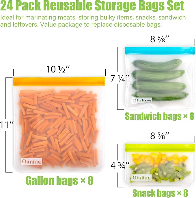 Qinline Reusable Food Storage Bags - 24 Pack Freezer Extra Thick Leakproof Lunch Bag - 8 Gallon 8 Sandwich 8 Snack Bags