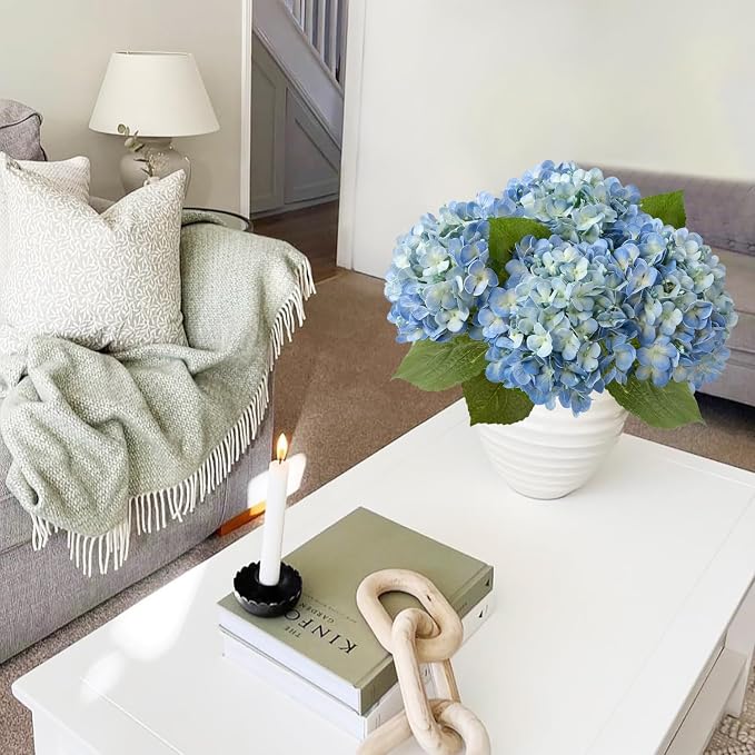 JINWOE Blue Faux Hydrangea Flowers for Decoration,4Pcs 20" Real Touch Lifelike Faux Flowers, Full Fake Artificial Hydrangeas with Stems for Bouquet Table Centerpieces Spring Home Decoration